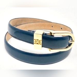 Bill Blass Genuine Leather Navy Blue Skinny Belt Medium with Gold Color Buckle